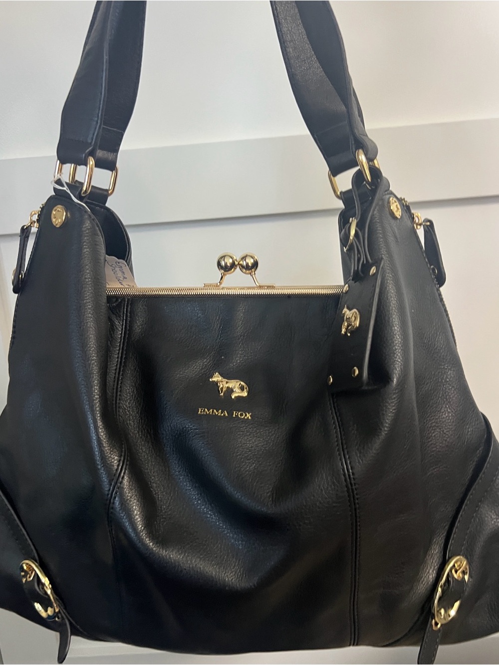 Emma Fox Black Pebbled Leather Kiss Lock Large Hobo Shoulder Bag Gold Hardware